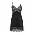Noir Satin Slip Dress elegant black satin midi dress with lace trim