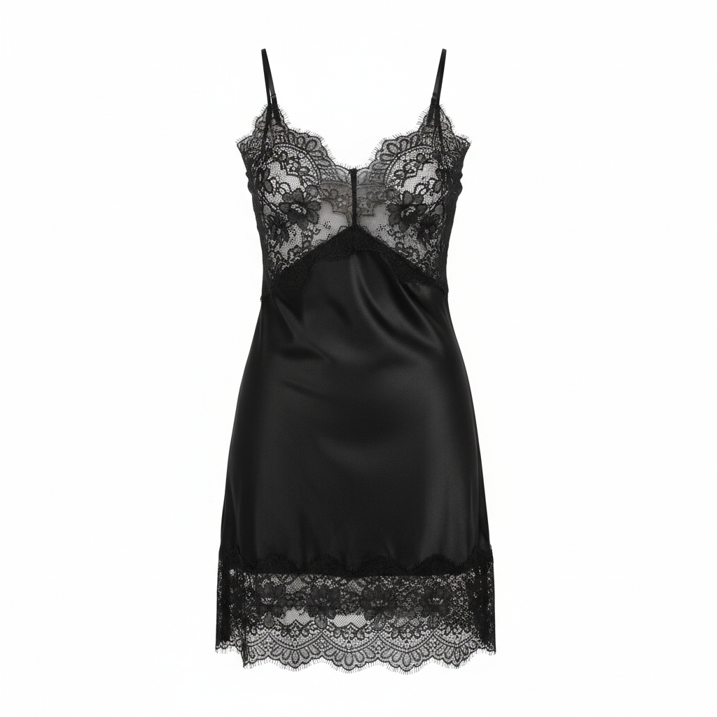Noir Satin Slip Dress elegant black satin midi dress with lace trim