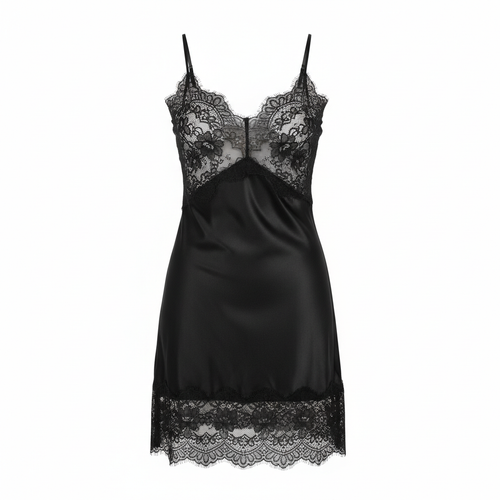 Noir Satin Slip Dress elegant black satin midi dress with lace trim