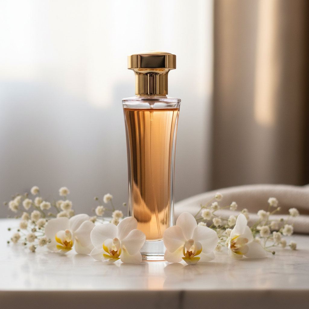 Velours Noir Eau de Parfum elegant glass bottle with gold cap surrounded by white flowers on marble
